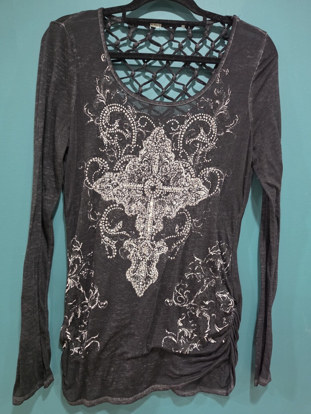 Y2K McBling Rhinestone Cross Lattice Back Long Sleeve Top M